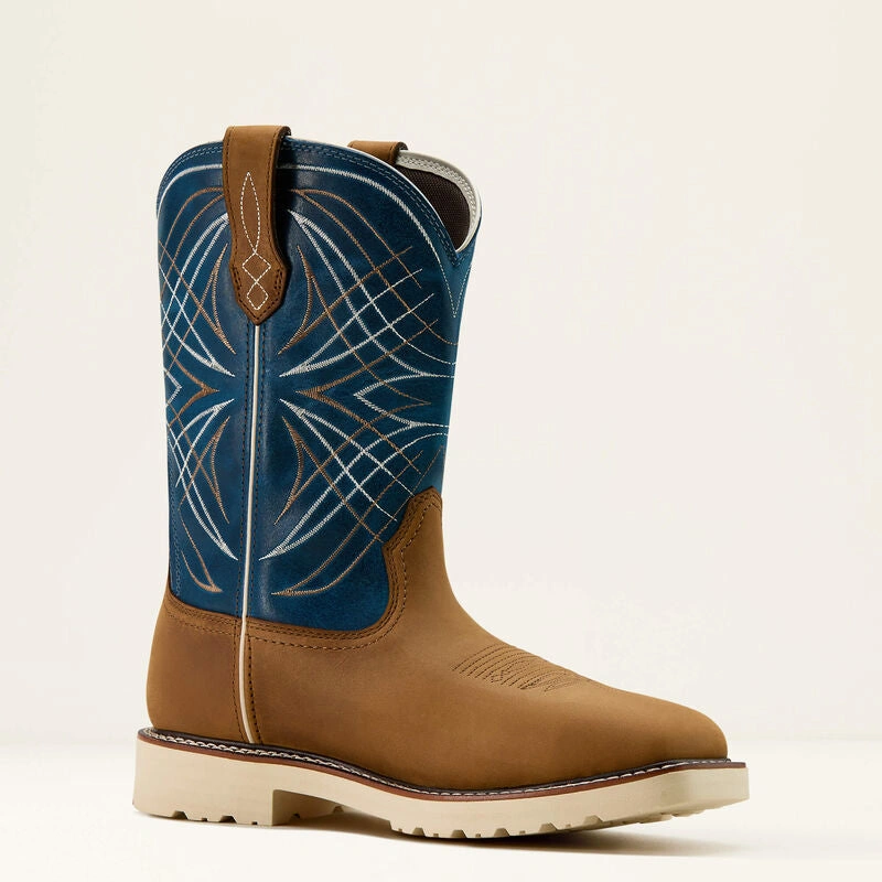 Ariat Activator: Botas de trabajo vaqueras impermeables con punta de acero. Marrón y azul. ¡Listas para la aventura!